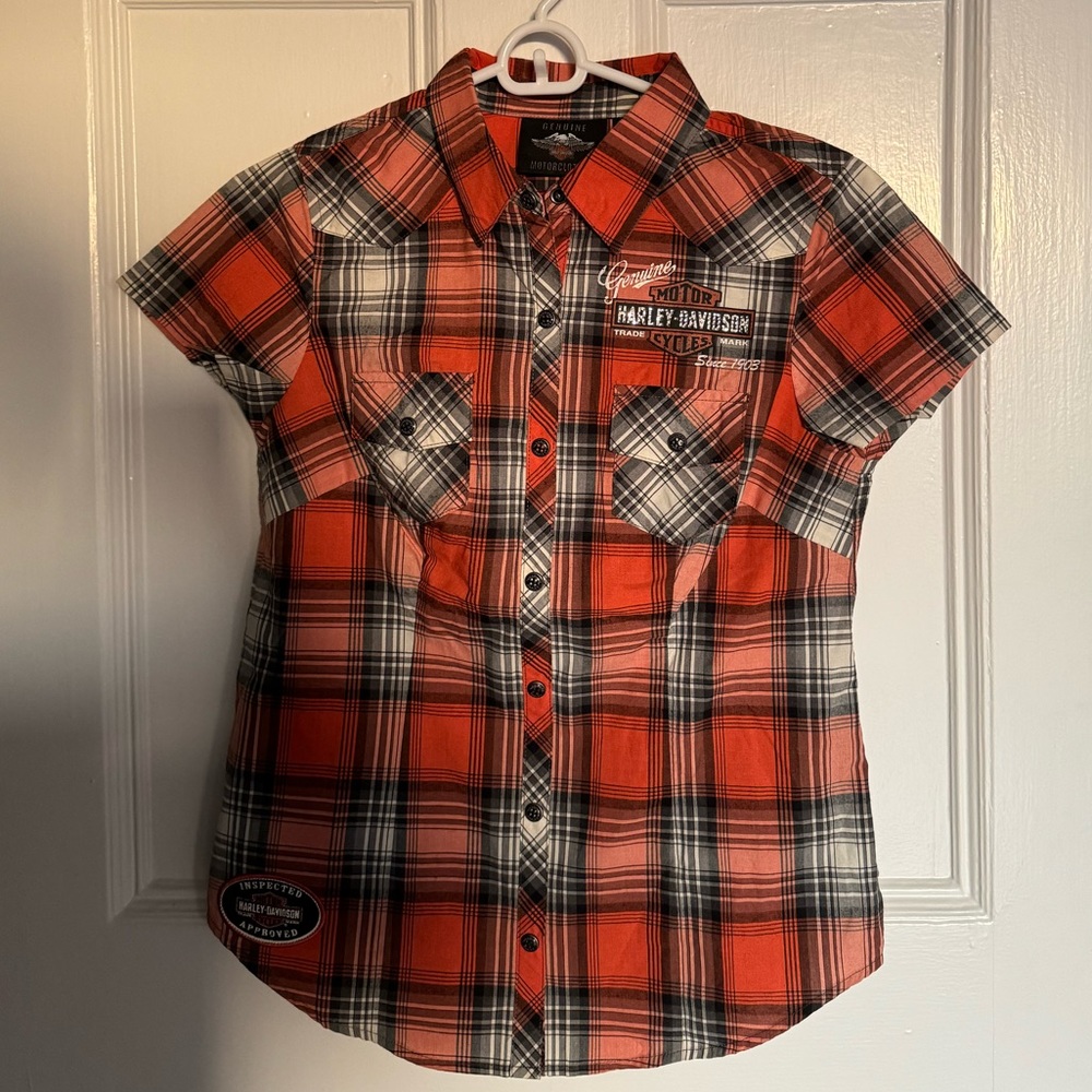 Orange & navy Harley Davidson button-up t-shirt with rhinestones